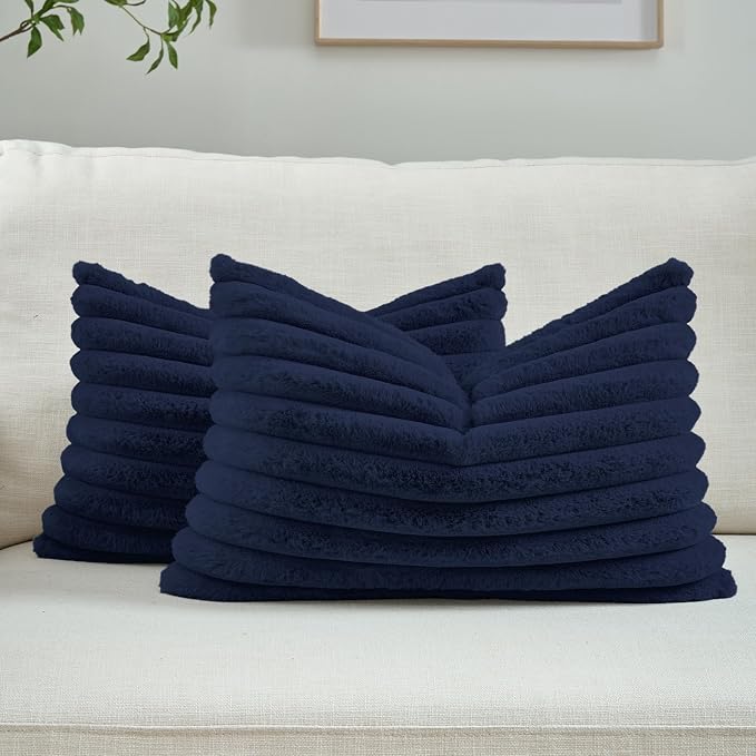 FUTEI Pack of 2 Faux Fur Throw Pillow Covers 12x20 Inch, Dark Navy | Fluffy Faux Rabbit Fur Front/Premium Velvet Back,Hidden Zipper,Machine Washable,Non-Shedding,Colorfast,Insert Not Included.