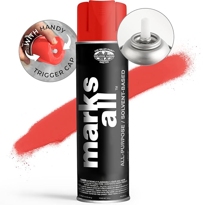 Fox Valley 18oz Marks All Solvent-Based Marking Paint Spray, 12-Pack Red Fluorescent – Long-Lasting, Weather-Resistant Spray Paint for Wet or Dry Surfaces Like Metal, Grass, Concrete, Wood, & More