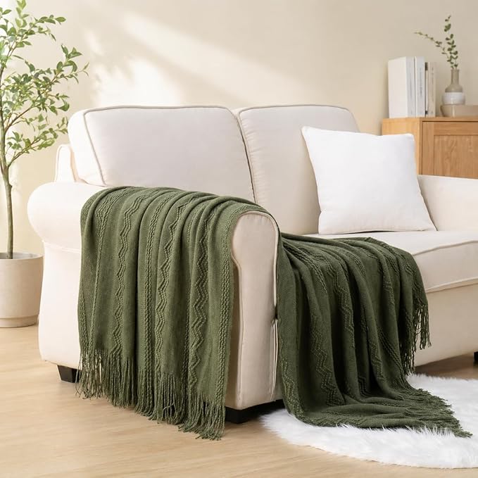 BATTILO HOME Olive Green Throw Blanket for Couch, 50"x60" | Dark Green Blanket with Tassels for Home Decor, Decorative Knitted Throw Blanket for Couch Cover