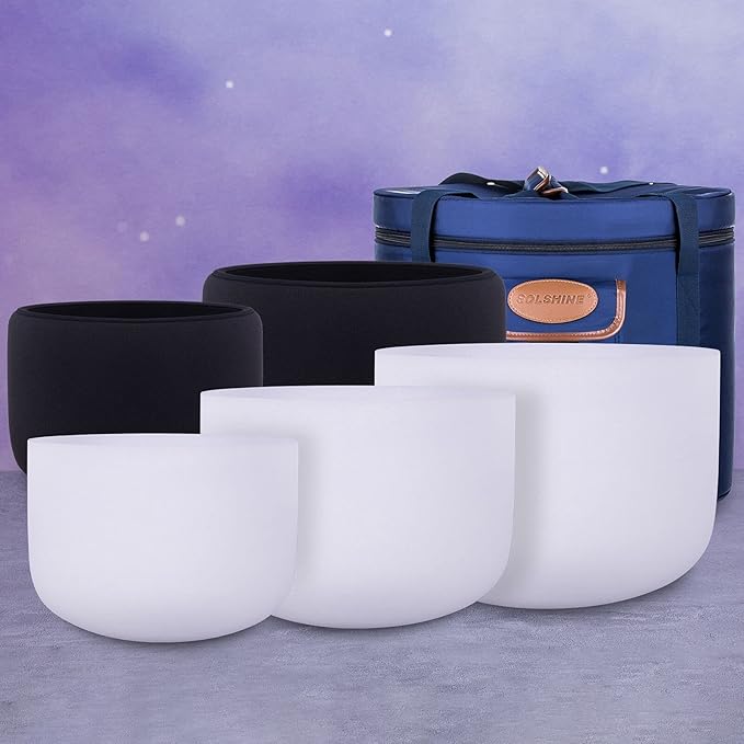 SOLSHINE 3PCS Crystal Singing Bowl Set 8 9 10 inch E G F Chakra Tuned With Singing Bowl Mallet Suede Strikers and O-rings