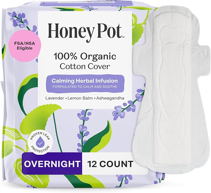 Honey Pot Calming Overnight Sanitary Pads for Women - 100% Organic Cotton Top Sheet - Feminine Care - Non Cooling - Calming Herbs of Lavender, Ashwagandha, & Lemon Balm - 12ct