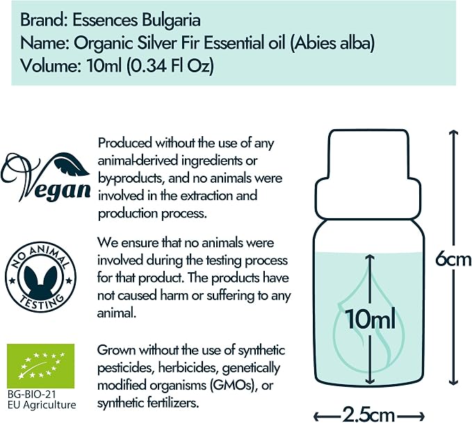 Essences Bulgaria Organic Silver Fir Essential Oil 1/3 Fl Oz | 10ml | Abies alba | 100% Pure and Natural | Undiluted | Therapeutic Grade | Family Owned Farm | Steam-Distilled | Non-GMO | Vegan