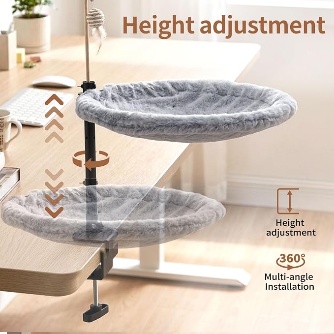 Cat Desk Bed Hammock with Clamp, 360° Desk-Mounted 15.7in Perch | Two Washable Mesh & Plush Covers, Drill-Free, Holds 40 lbs, Space-Saving Cat Furniture Fits 2 Indoor Cats & Small Pets