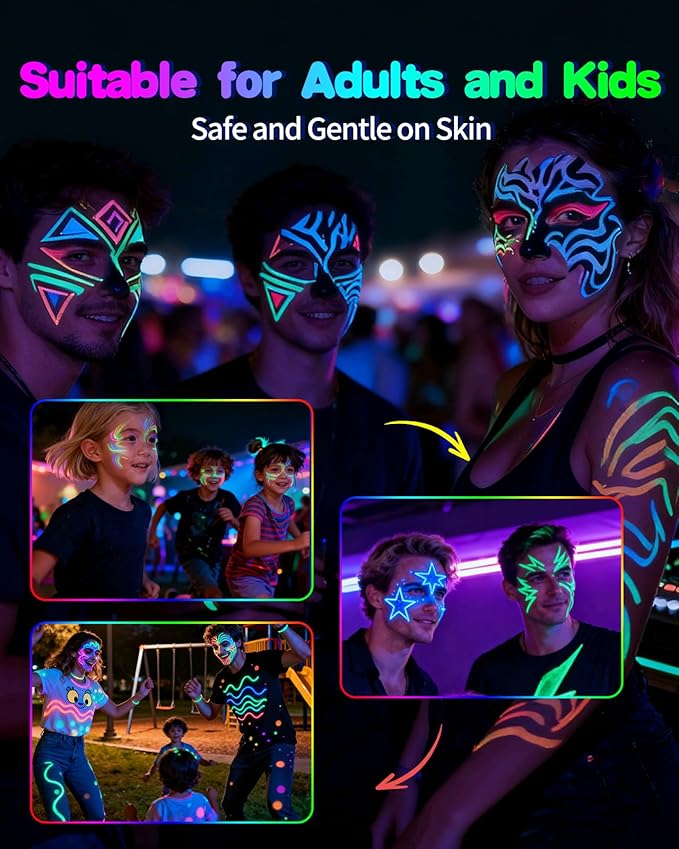 Oiomniv Glow in The Dark Face Paint Markers, 10 Colors UV Neon Body Paint Pens, Waterproof & Skin-Safe Blacklight Tattoo Markers, Washable Temporary Tattoo Pens for Christmas, Festivals & Parties