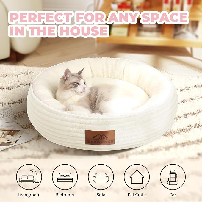 Zerbuger 23in Cream Round Dog Bed Sofa for Dogs Cats, Machine Washable | for Small/Medium/Large Dogs Cats, Foam Pet Couch with Removable Mat Non-Slip Bottom, Pet Cuddler for Indoor/Outdoor/Car/Cage