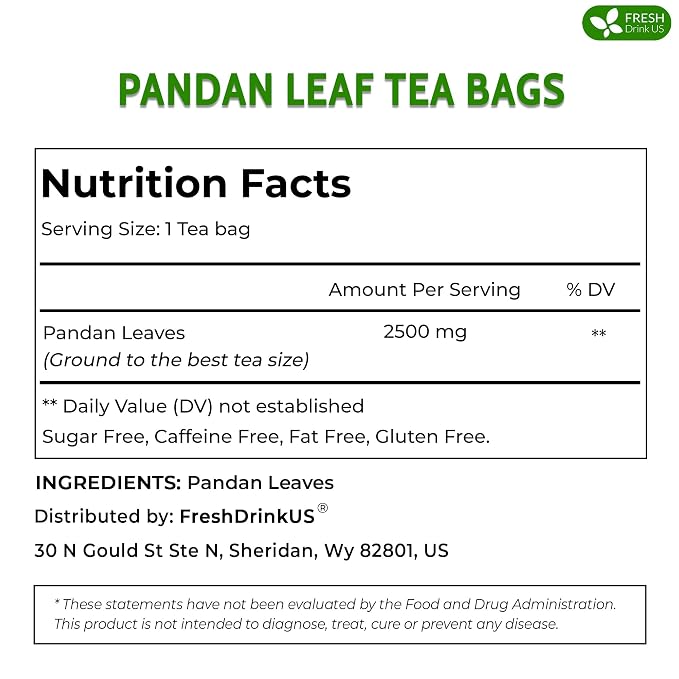 FreshDrinkUS, Premium 30 Pandan Leaf Tea Bags, 100% Natural & Pure from Pandan Leaves. Loose Leaf Pandan Herbal Tea. Made with Natural Material Tea Bags. No Sugar, No Caffeine, No Gluten, Vegan. (30 Tea bags)