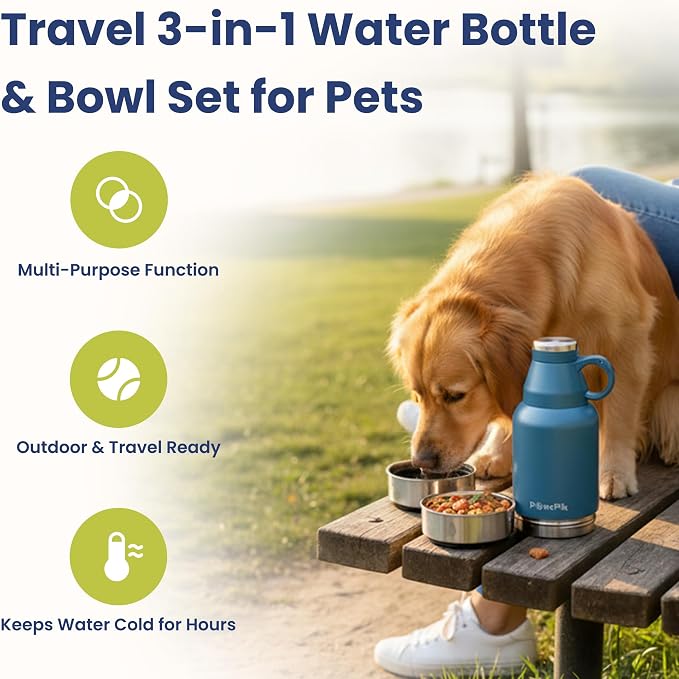 PawsPik 3-in-1 Travel Dog Water Bottle & Bowl Set, 32oz, Blue