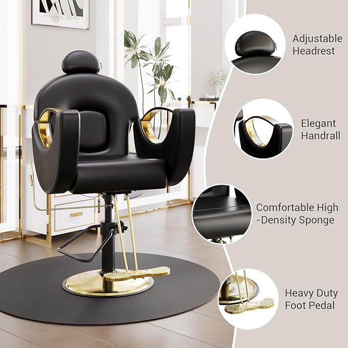 Barber Salon Chair, Reclining Salon Chair with Heavy Duty Hydraulic Pump, 360° Swivel and Height Adjustable, 330 LBS Capacity Spa Beauty Equipment Hairdresser Armchair for Barbershop- Black & Gold