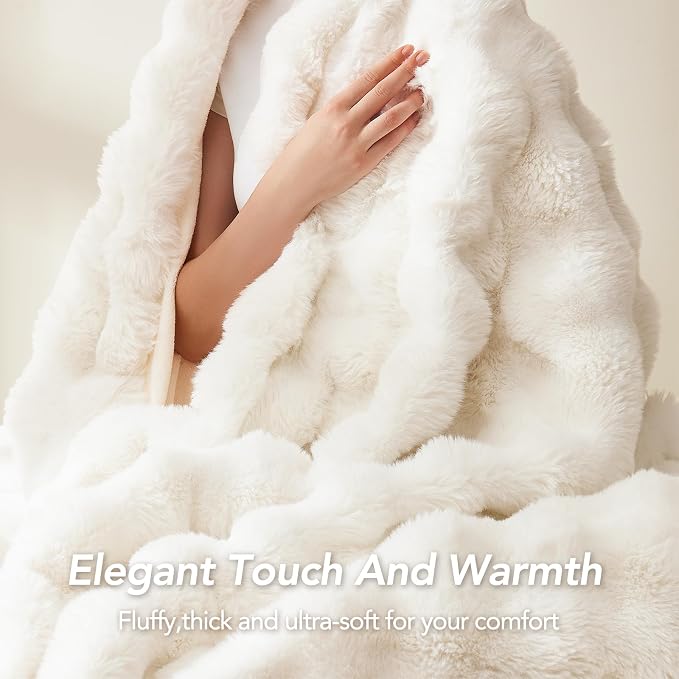 L'AGRATY Faux Rabbit Fur Throw Blanket for Couch, 60'' x 80'', Cream White | Soft Cozy Bubble Fluffy Blanket for Sofa Bed, Thick Warm Plush Fuzzy Throw for Room Home Decor, Luxury Gift for Women Mom