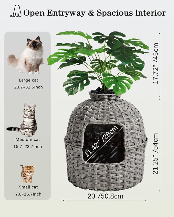 SETVSON Cat Litter Box Plant Enclosure, Hidden PE Rattan Litter Box, Gray | Decorative Planter Design, Handwoven Washable PE Rattan, Removable Top with Artificial Plant & Stones Included, Easy Cleaning