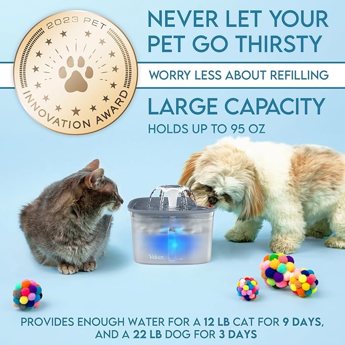Veken Innovation Award Winner 95oz/2.8L Cat Water Fountain | Automatic Pet Fountain Dog Water Dispenser with Replacement Filters & Silicone Mat for Cats, Dogs (Transparent Grey, Plastic)