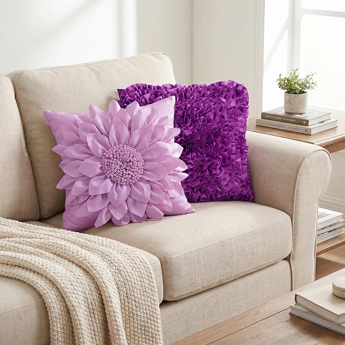 Purple Accent 3D Flower Decorative Throw Pillow Covers for Bed Sofa Couch | Bella's Giftshop Handmade Sunflower Floral Pillow Cases Living Room Bedroom Decor, Standard Size 18x18 Inch