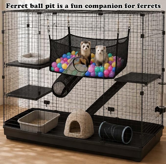Ferret Ball Pit Hammock for Cage with 60 Colorful Play Balls, Interactive Hanging Enrichment Toy, Compatible with Ferret Tunnel Systems, Fun Activity Center for Ferrets and Small Animals