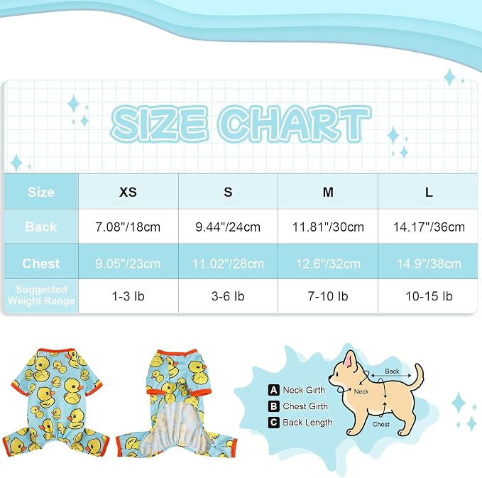 DaFuEn Dog Pajamas for Small Dogs, Soft Stretchy 4 Legs Puppy Jumpsuit, All Season Cozy Pet PJs for Chihuahua Yorkie Teacup Dogs, Cat Clothes (Blue Duck, XS)