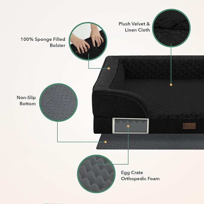 Orthopedic Washable Dog Bed for Extra Large Dogs, 45x35in, Black | Orthopedic Foam Eases Joint Pressure, Bolsters Supports Head And Neck, Washable Pet Beds, Removable Cover, Non-Slip Bottom