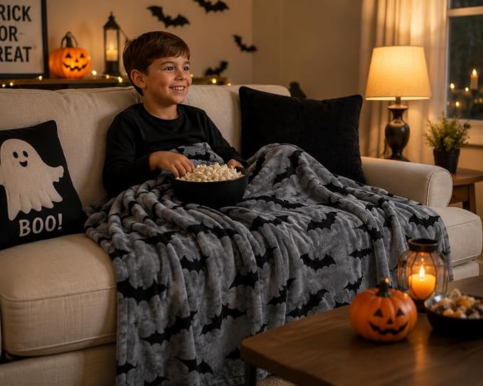Halloween Fleece Throw Blanket, Black Bats on Gray, 50"x70" Oversized | Ultra-soft cozy flannel fleece, for sofa couch bed chair & dorms, spooky Halloween décor, durable and machine washable.