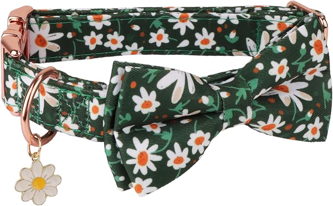ADOGGYGO Floral Girl Dog Collar with Bow Tie, Cute Daisy Bowtie, Small