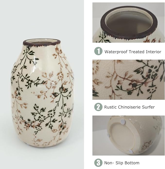 LIFFY Ceramic Vase Green and Beige Vintage Home Decor, Chinoiserie Floral Vase, Rustic Ceramic Large Vases for Home Decors, Living Room, Bookshelf, Office, Chinoiserie Decors, Tuscan Decor 7.5 Inch