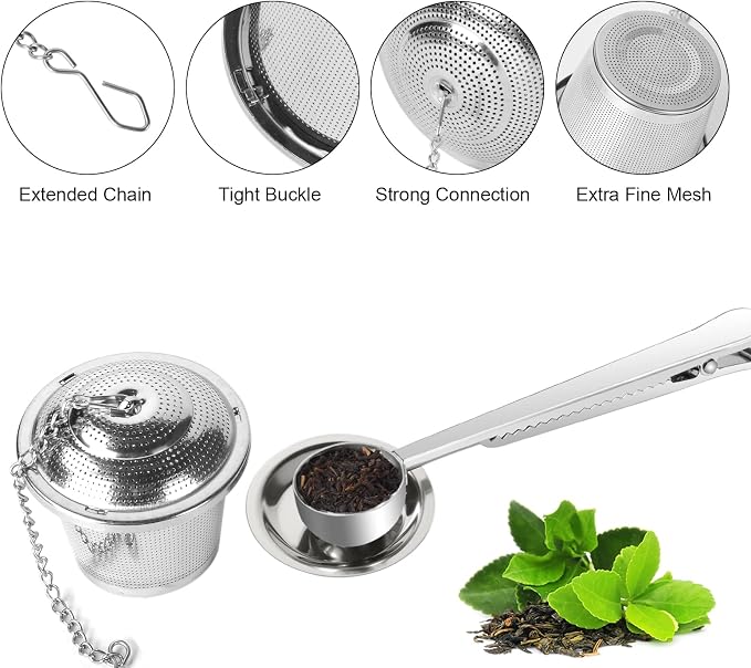 Numola Loose Leaf Tea Infuser Set | Reusable Stainless Steel Tea Balls, Fine Mesh Tea Strainers, Includes Scoop and Drip Trays, Extended Chain Hook