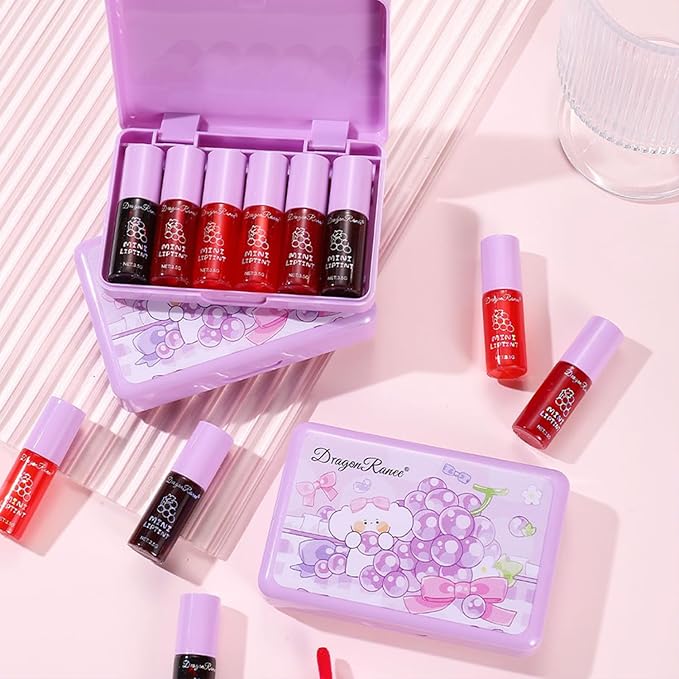 6 Colors Grapes Lip Tint Stain Set, Korean Lip Gloss Watery Lip Stain, Lipstick for Women, Lip Gloss for Girls, Blush for Cheeks, Non-Stick Cup, Waterproof, High Pigment, Lip Tint Makeup