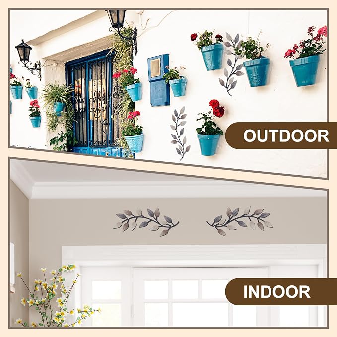 Zhengmy 2 Pcs Metal Leaf Wall Art Vine Branch Decor,Vintage Brown | Olive Branch Metal Decor for Living Room Hallway, Symmetrical Leaf Pair for Doorway Entryway, Lightweight Hanging Art Design