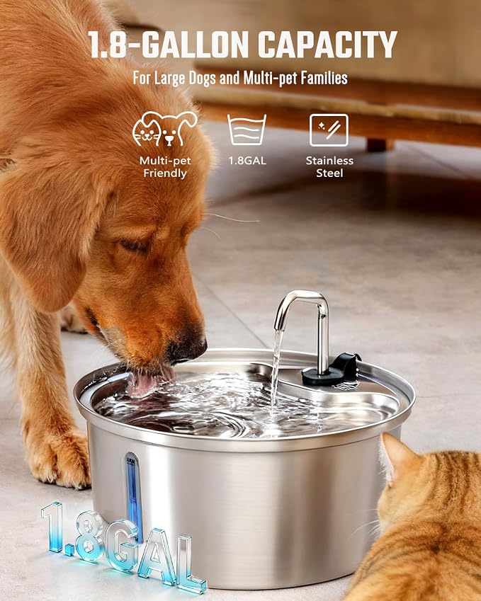 Dog Water Fountain Stainless Steel, 7L/1.8Gal Pet Fountain Water Bowl with Multi-Filtration & Deeper Drinking Aera, Large Cat Water Fountain with Water Window & LED (10 Filters 1 Fountain)