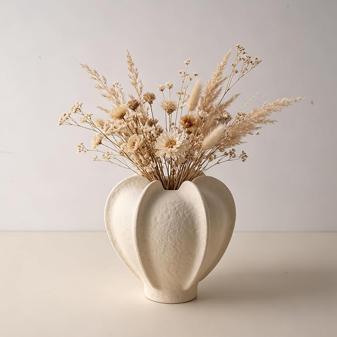 Ceramic Flower Vase Home Decor,5.9" Rustic Vintage Starfruit Shaped Beige Terracotta Vases，Modern Boho Living Room Farmhouse Table Vases Living Room Decor，Shelf Coffee Dining Desk Fireplace