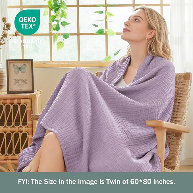 EMME Muslin Blankets for Adults Throw Blanket for Couch Breathable Gauze Soft Lightweight Airy Lavender Twin 60" x 80"