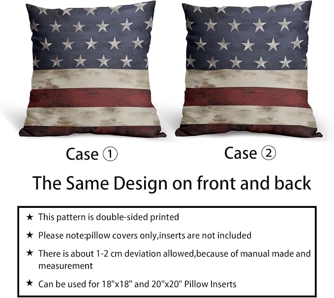 Independence Day American Flag Throw Pillow Covers Set of 2 20X20 Inches 4th of July Blue Red Pillow Cases Patriotic Stripes Star Pillow Cover Home Decor For Memorial Day Room Bed Porch Couch Outdoor