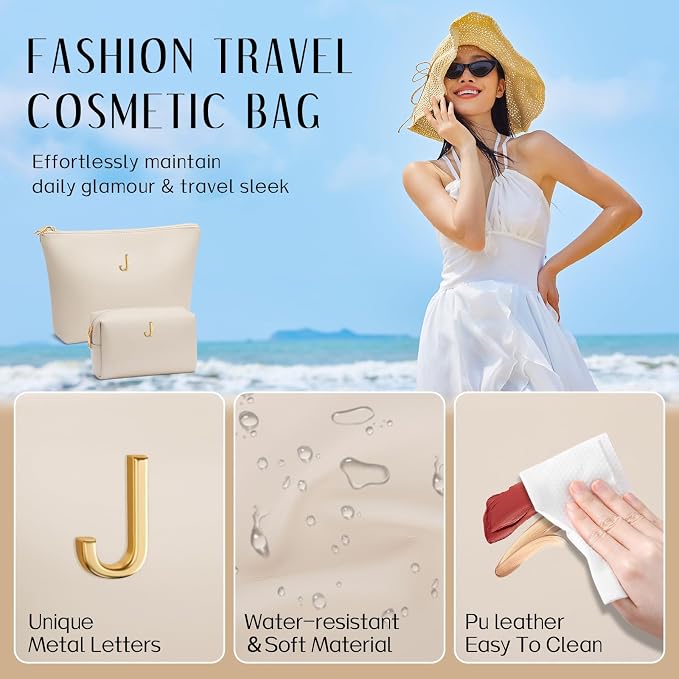 Women Gifts | Initial Makeup Bag for Girl Personalized Gifts for Bridesmaid Friend PU Leather Cosmetic Travel Toiletry Bag(Beige,J)