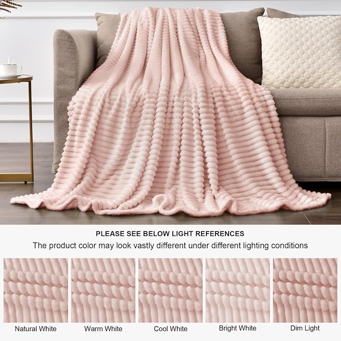 BEDELITE Ribbed Jacquard Light Pink Fleece Twin Blanket for Bed, 60x80 Inch | Soft Warm Decorative Fluffy Blanket, Cozy Plush Lightweight Fuzzy Throw Blanket for Couch Sofa Room Decor, Gift for Women