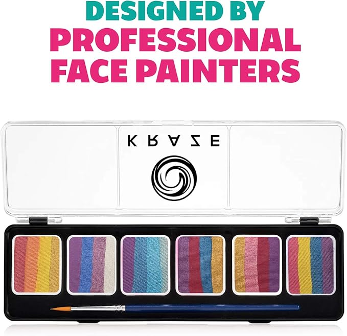 Kraze FX Splash Glam 6 Color Metallic Split Cake Palette (6 gm) with Brush - Water Activated, Hypoallergenic, Safe, Non-Toxic Face Painting Kit for Sensitive Skin, Kids & Adults