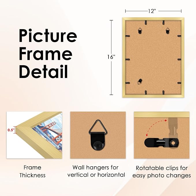 12x16 Picture Frame Gold Set of 2, Photo Frame with HD Plexiglass, Display Pictures 8.5x11 with Mat or 11x17 Without Mat, Gold Picture Frames Collage Wall Decor, Gallary Wall Frame