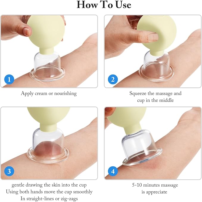 BBTO 4 Pcs Glass Facial Cupping Set Silicone Vacuum Suction Massage Cups Skin Tightening Therapy for Face Body Eyes Back Shoulder Pain(Yellow)