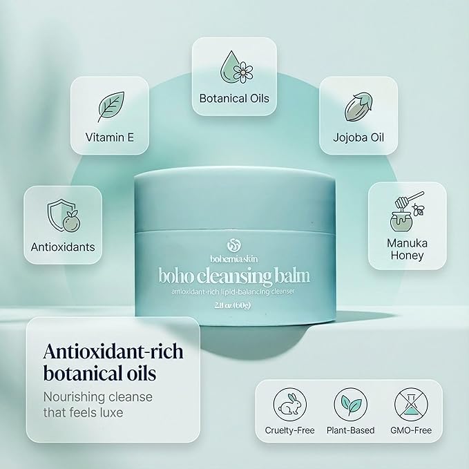 BOHO Skin Cleansing Balm - Hydrating & Moisturizing Facial Cleanser & Makeup Remover Balm for All Skin Types - Natural Deep Pore Cleanser with Vitamin E & Botanical Extracts (2oz)