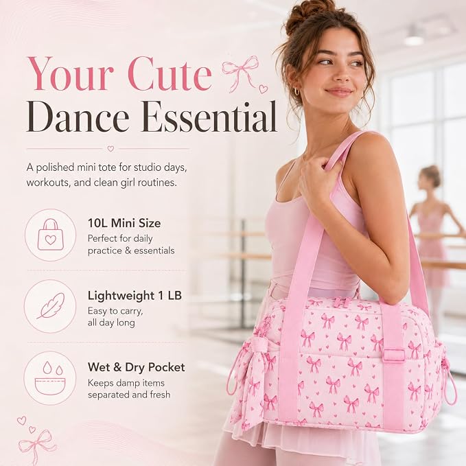 LOIDOU Aesthetic Dance Bag for Girls Corduroy Lightweight Bow Ballet Gymnastic Bag, Small Gym Bag for Women with Wet Dry Pocket, Cute Tote Bag Gifts for Birthday Christmas