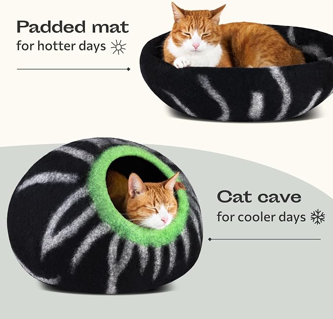 Cat Cave - Merino Wool Bed for Indoor Cats (Shining Tiger, Medium) | Cat Bed Enclosure, Premium Felt, Handmade, Super Soft, Lightweight, Breathable, Adjustable Shape