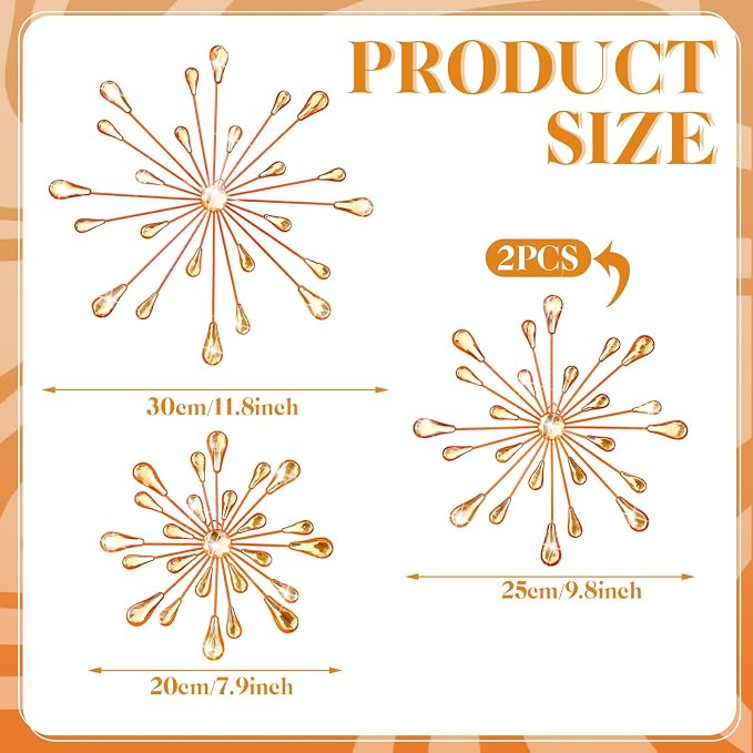 Hicarer 4 Pcs Starburst Wall Decor Bling Wall Art Crystal Teardrop 3D Hanging Rhinestone Radial Metal Artwork Modern Accent Sculptures Decorations for Living Room Home Office Bedroom(Orange)