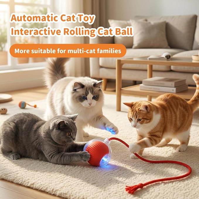 Cat Toys for Indoor Cats Smart Automatic Bal Moving Chase Dogs Toy, Red | Ball Rolling for Bored Kitten Pet, Upgraded Speedy Moving Chase Dogs Toy