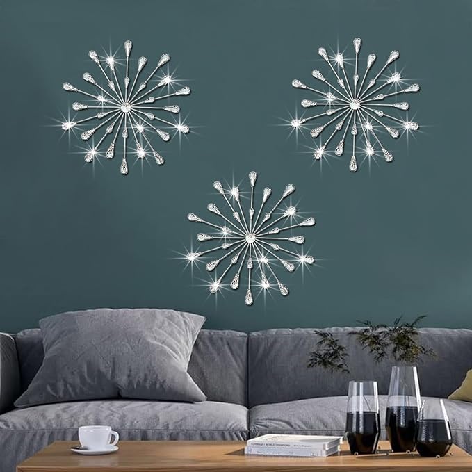ZEXUIRU 3 Set Silver Starburst Wall Art for Home Decor Metal Bling Crystal Rhinestones Sunburst Wall Decor Sparkling Rhinestone Art Accent Silver - 13in