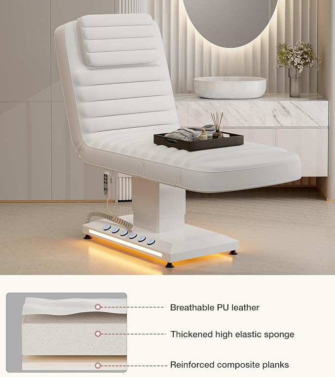Paddie Luxury Fully Electric Spa Bed, Esthetician Spa Lash Table with LED Lights, Motorized Height & Angle Adjustable for Facial & Medical Treatment, White