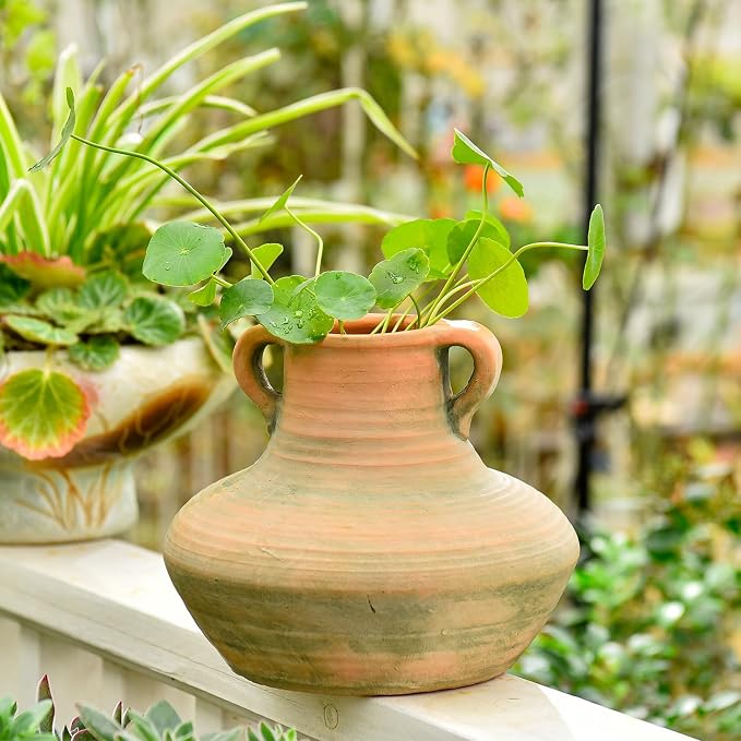 Sungmor Rustic Ceramic Flower Vase with Handles, 7 Inch Short Wide Body | Terracotta Plant Pots, Cement Textured Vases Home Decor, Indoor Fresh Flowers Planter, Dried Flower Arrangements