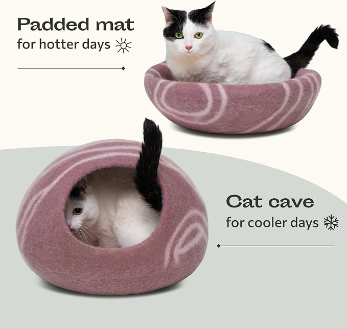 Cat Cave - Merino Wool Bed for Indoor Cats (Rose Gold, Medium) | Cat Bed Enclosure, Premium Felt, Handmade, Super Soft, Lightweight, Breathable, Adjustable Shape