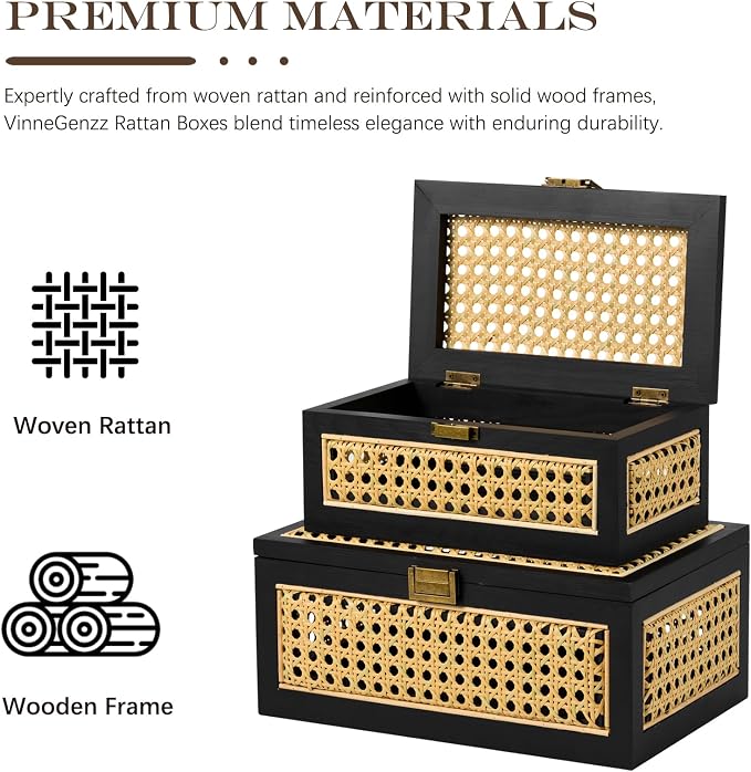 Rattan Storage Boxes Decorative Handmade Natural Wood Baskets | with Lid & Wooden Frame, Boho Rustic Wicker Stacking Woven Cane Bins, Shelf Closet Desk Organizer Container, Black, Small