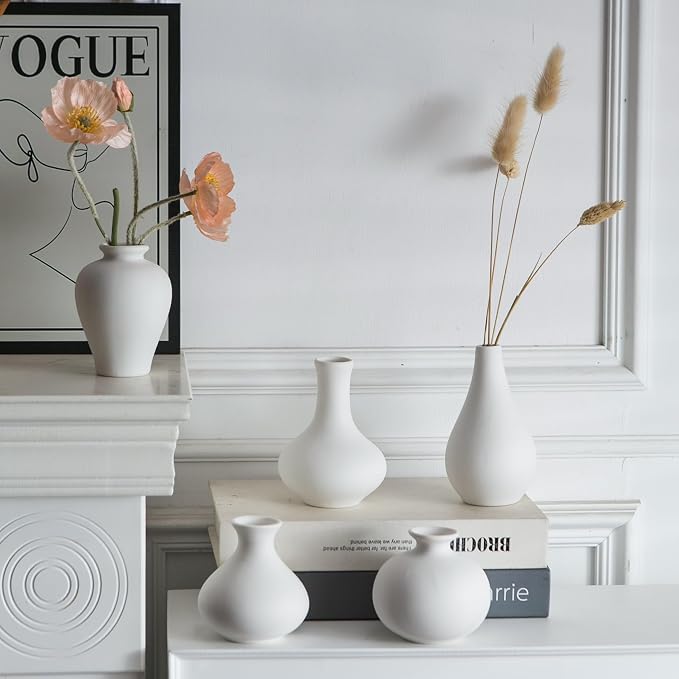 Tanvecle Small White Vases, Ceramic Bud Vase Set of 5, Mini Pottery Vases for Pampas Grass, Flowers, Decorative Vases for Home Modern Decor, Rustic Decor, Veses for Living Room Dining Table Shelves
