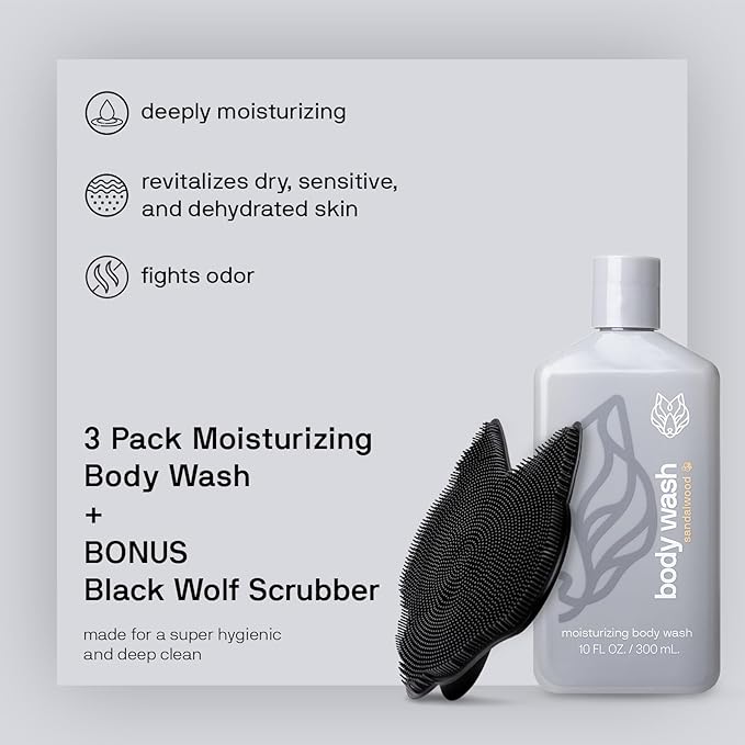 Black Wolf 3-Pack Moisturizing Body Wash & Silicone Body Scrubber Kit for Men - Mens Hydrating Bodywash for Dry, Dehydrated, & Sensitive Skin - Men's Shower & Bathroom Essentials Gift Set