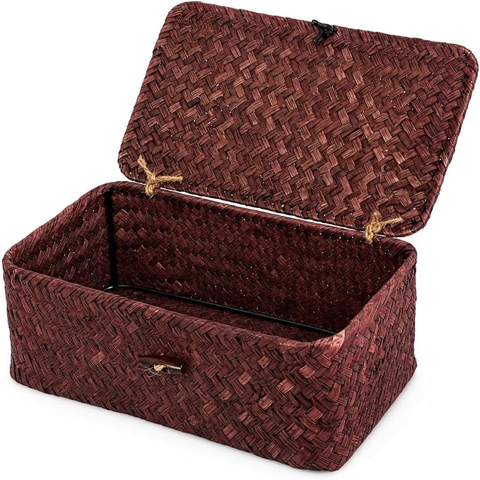 Seagrass Wicker Storage Basket with Lid, Small, Red | 9.05 x 5.11 x 3.34 Inch Box, Shelf Organizer, Rectangular Woven Bin, Small Item Storage, Decorative Color