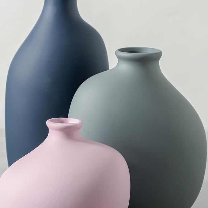 Small Ceramic Vase Set of 3, Modern Decorative Pottery Vases | Three different shapes with matte finishes, perfect for shelves, tabletops, dried flowers and stylish room accents.