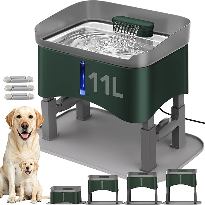 11L No-Spill Elevated Dog Water Fountain, 4 Heights Adjustable | Large Capacity, No-Splash, Anti-Slip Mat, 304 Stainless Steel Tray, 5-layer Filtration, for Senior/Large Dog & Multi-Pet Home