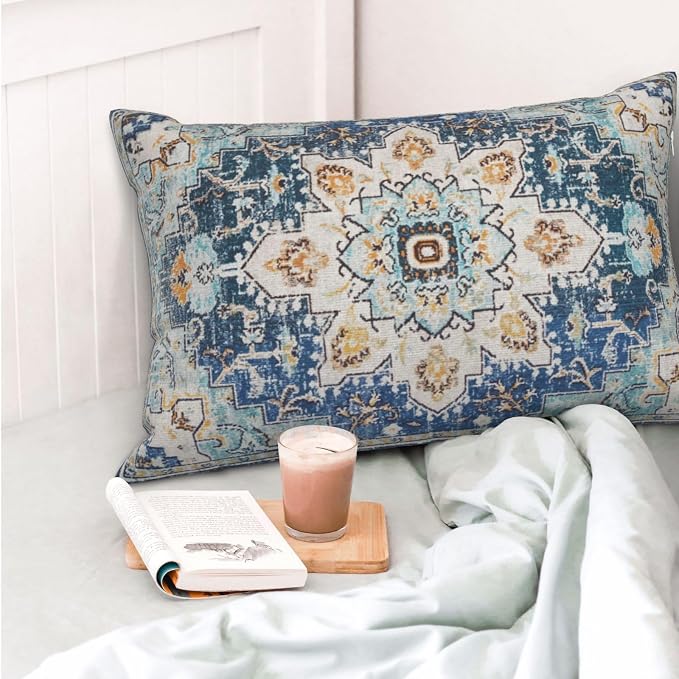 AEIOAE Boho Pillow Covers 12x20 Inch Set of 2,Carpet Pattern Throw Pillows Case,Blue Yellow Ethnic Design Outdoor Decorative Square Linen Farmhouse Decor Cushion Covers for Home Sofa Bed Couch